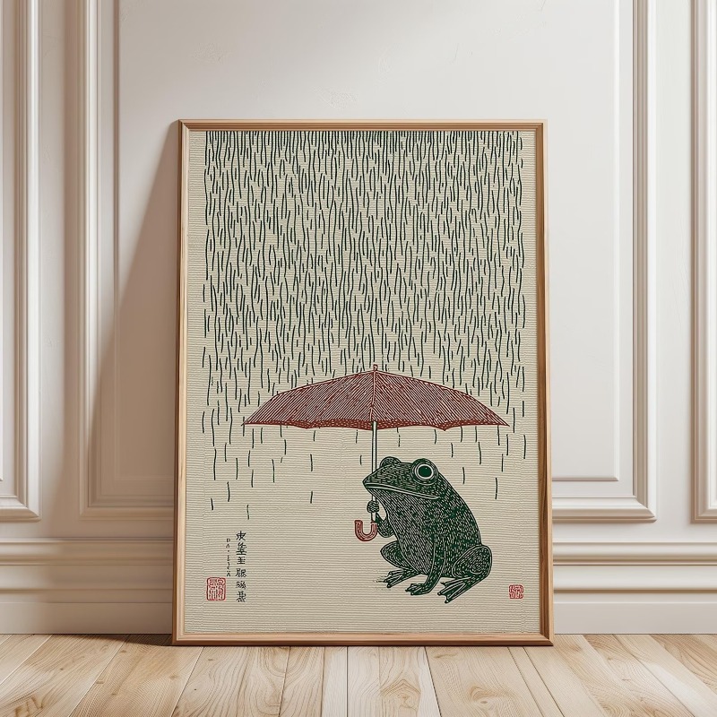 Home Decor Japandi - Affiche de grenouille japonaise avec parapluie,