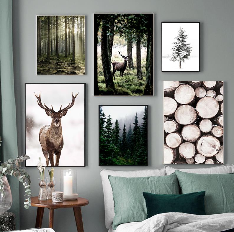 Home Decor Japandi - Peinture de paysage nordique avec cerf,